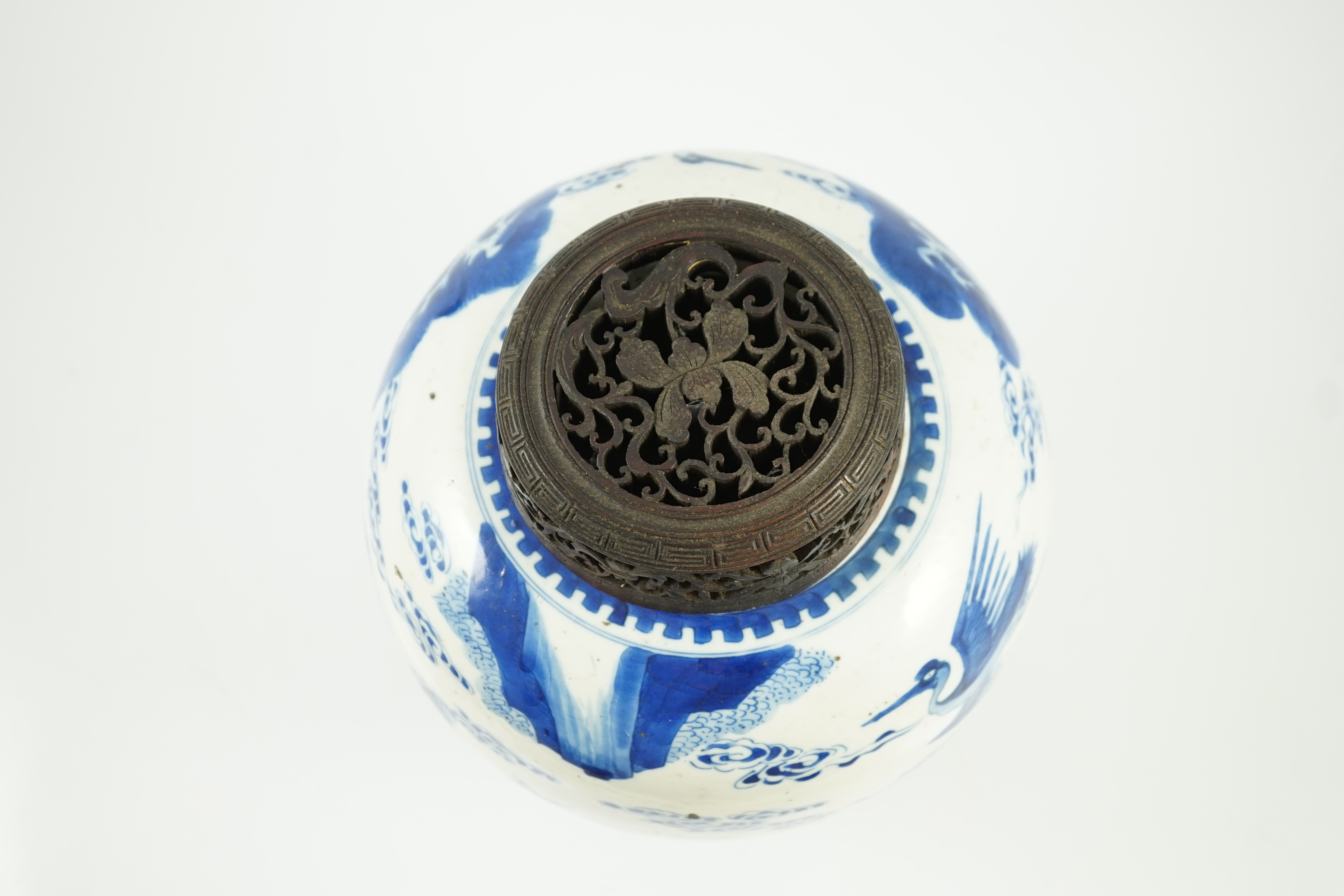 A Chinese blue and white ‘deer and crane’ ovoid jar, Kangxi period